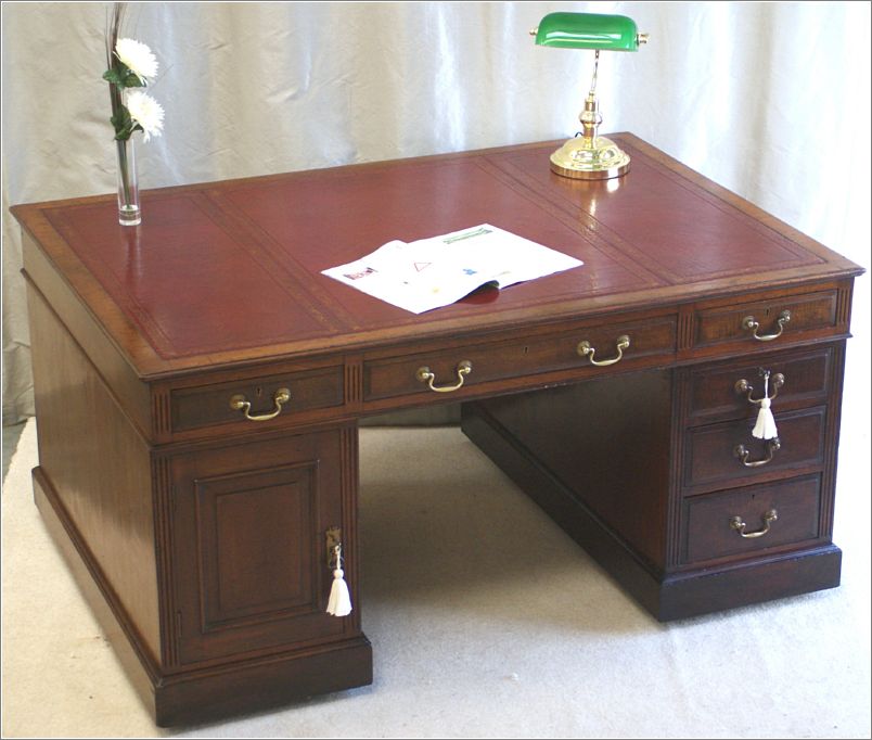 1028 Antique Mahogany Partners Desk with Brass Handles (1)